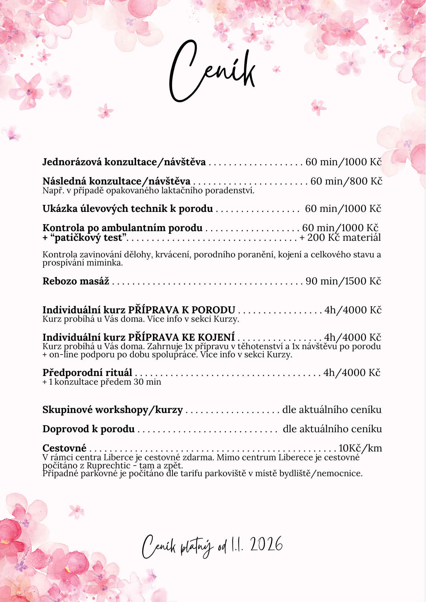 Ceník 1.1.2026